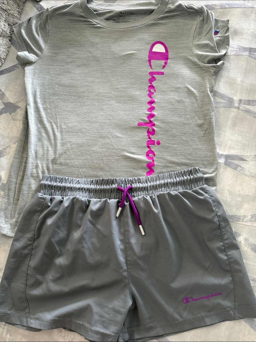 Champion Grey Athletic Tee and Shorts Set with Pink Logo